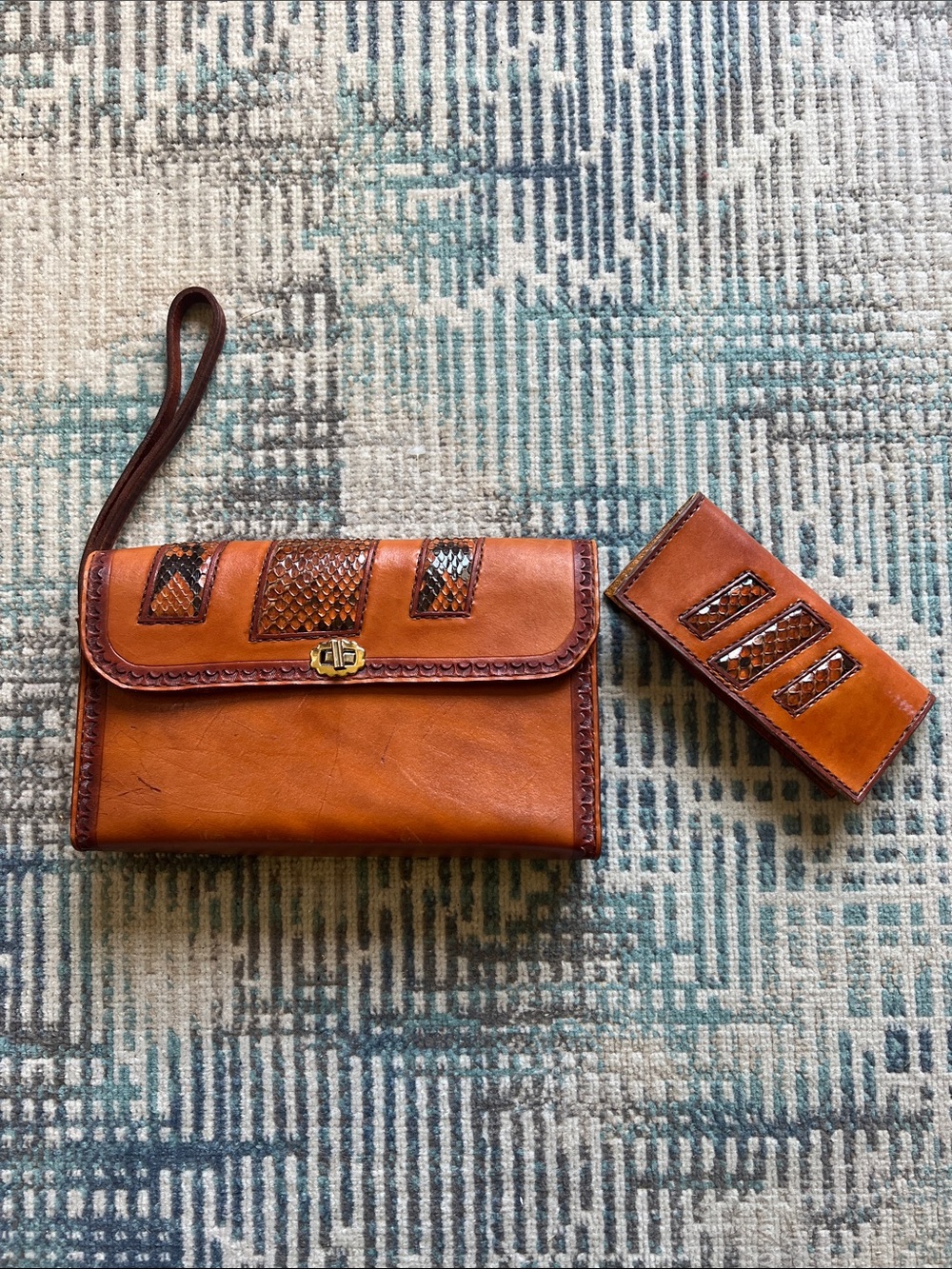 Vintage Cognac Leather Clutch Wallet Set Snakeskin Style Inlay Tooled Boho